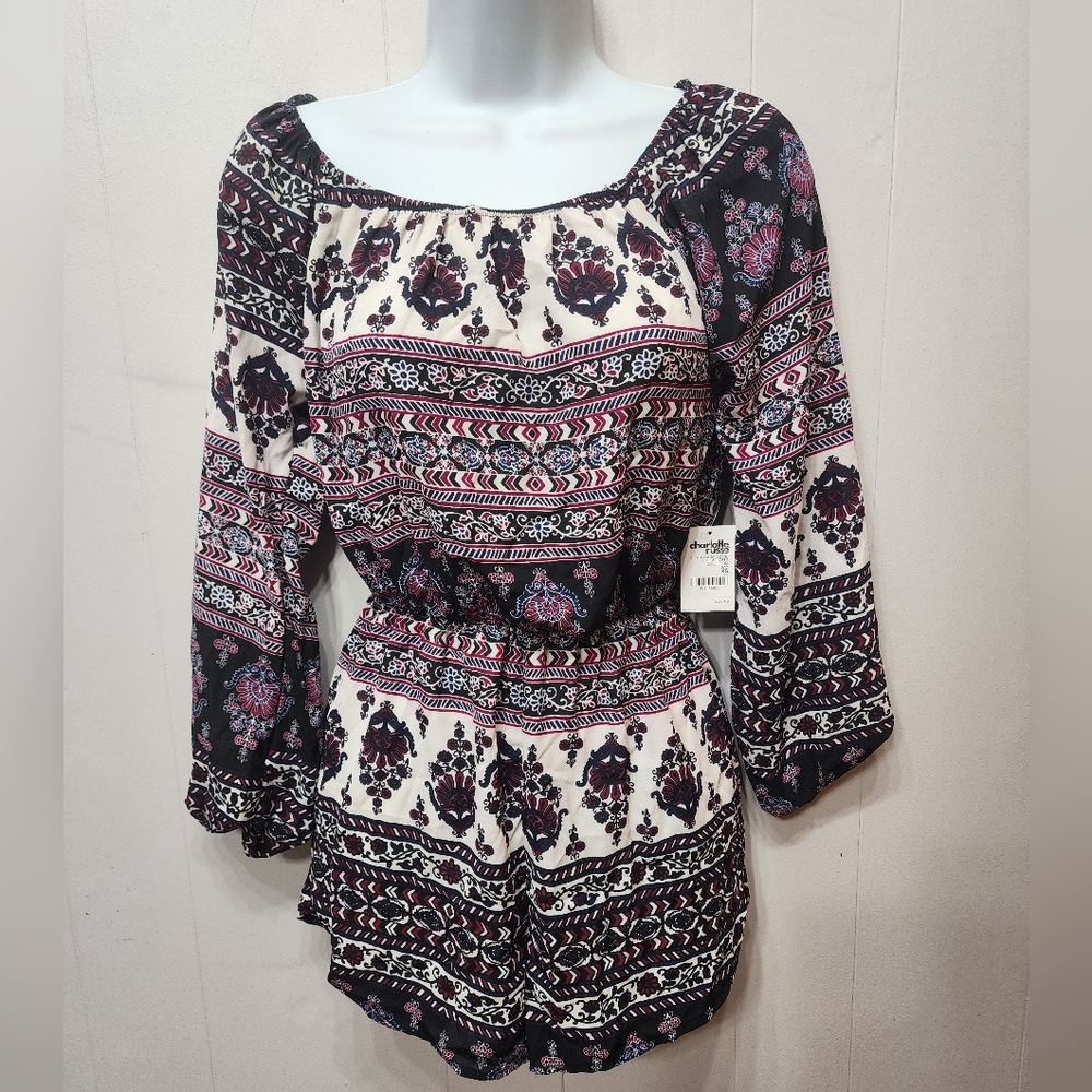 NWT Charlotte Russe Romper XS Bohemian Floral Print Long Sleeve Lightweight C297